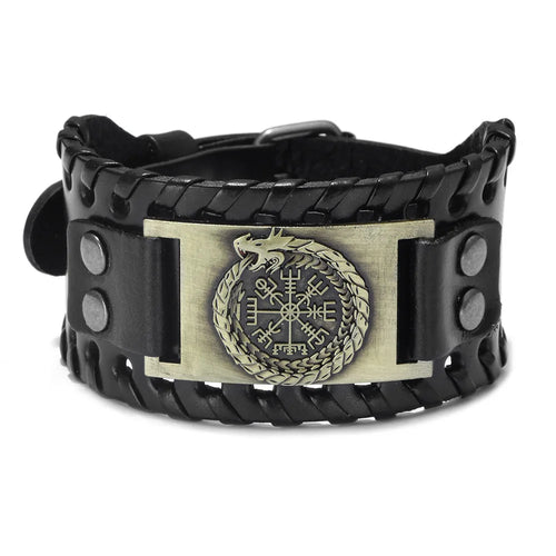 Vegvisir with Norse Hawk or Jormungandr Leather Bracelet