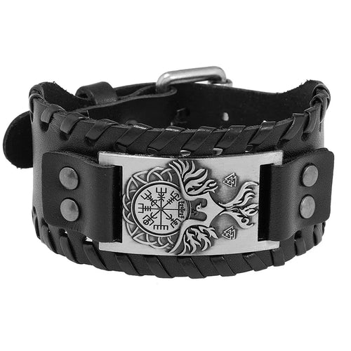 Vegvisir with Norse Hawk or Jormungandr Leather Bracelet