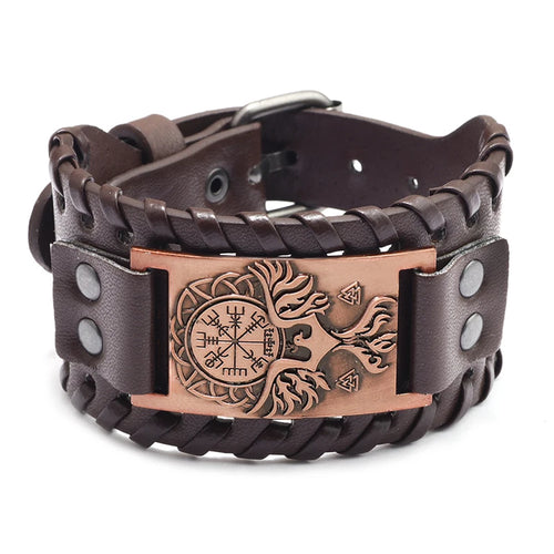 Vegvisir with Norse Hawk or Jormungandr Leather Bracelet
