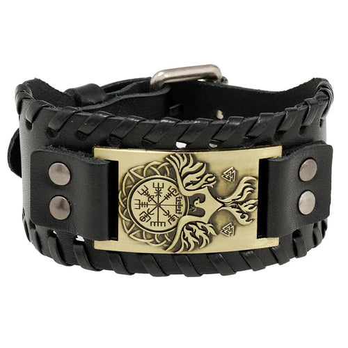 Vegvisir with Norse Hawk or Jormungandr Leather Bracelet