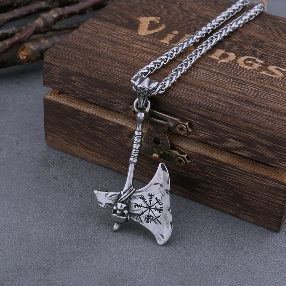 Viking Axe with Vegvisir Stainless Steel Necklace
