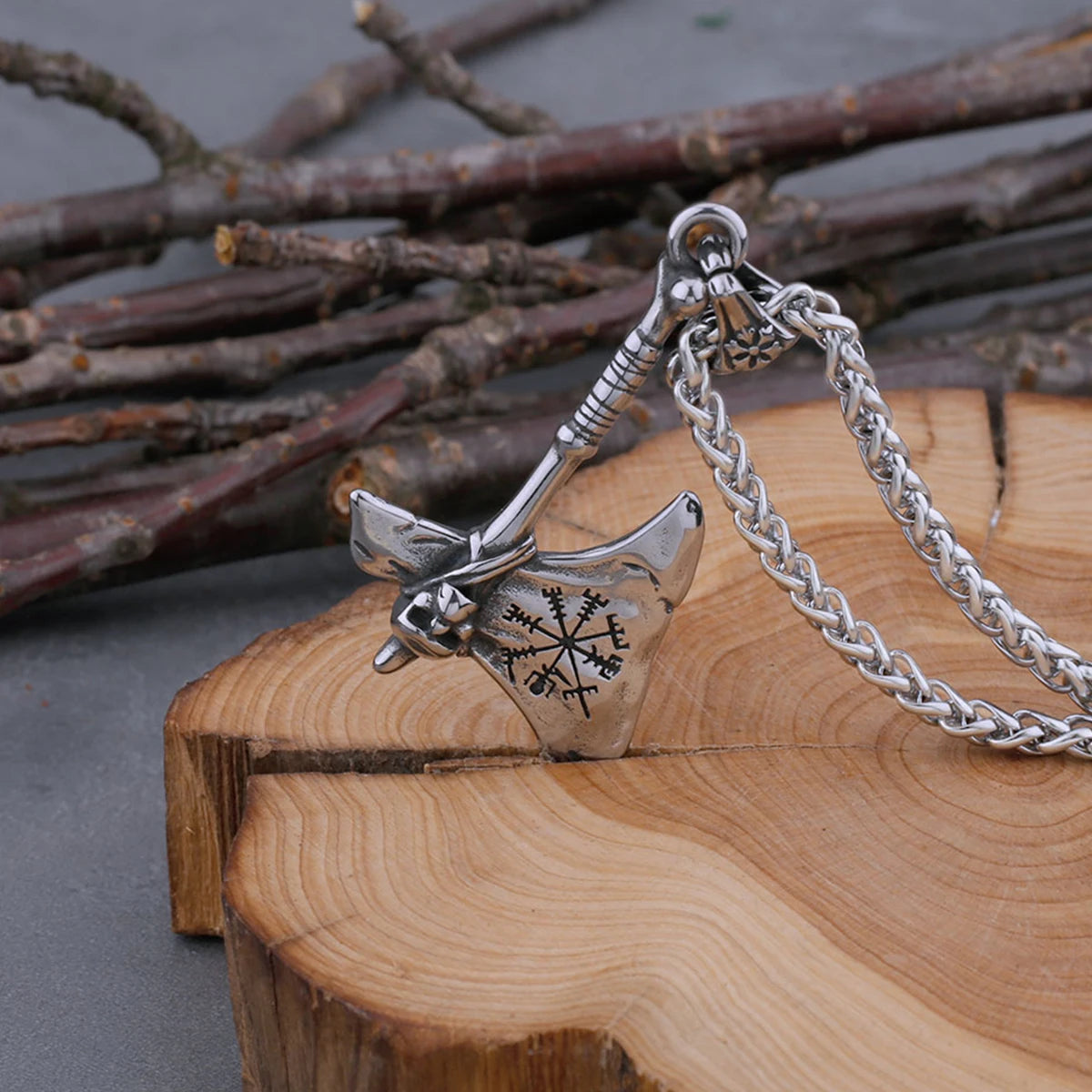 Viking Axe with Vegvisir Stainless Steel Necklace