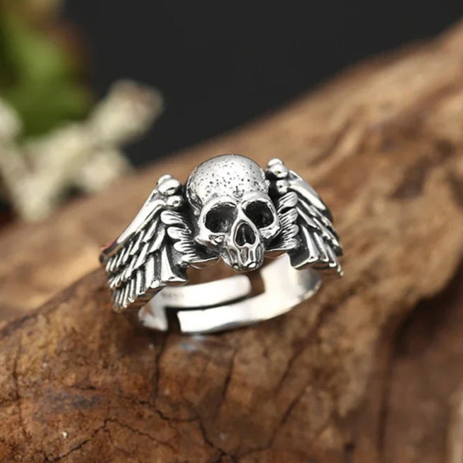 Winged Skull 925 Sterling Silver Adjustable Ring