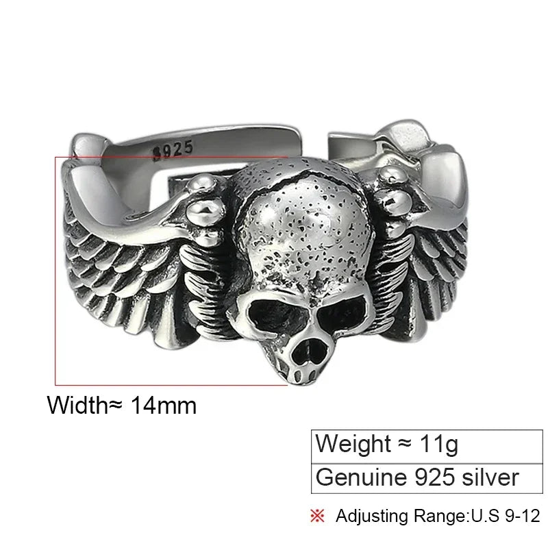 Winged Skull 925 Sterling Silver Adjustable Ring