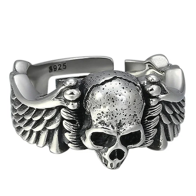 Winged Skull 925 Sterling Silver Adjustable Ring