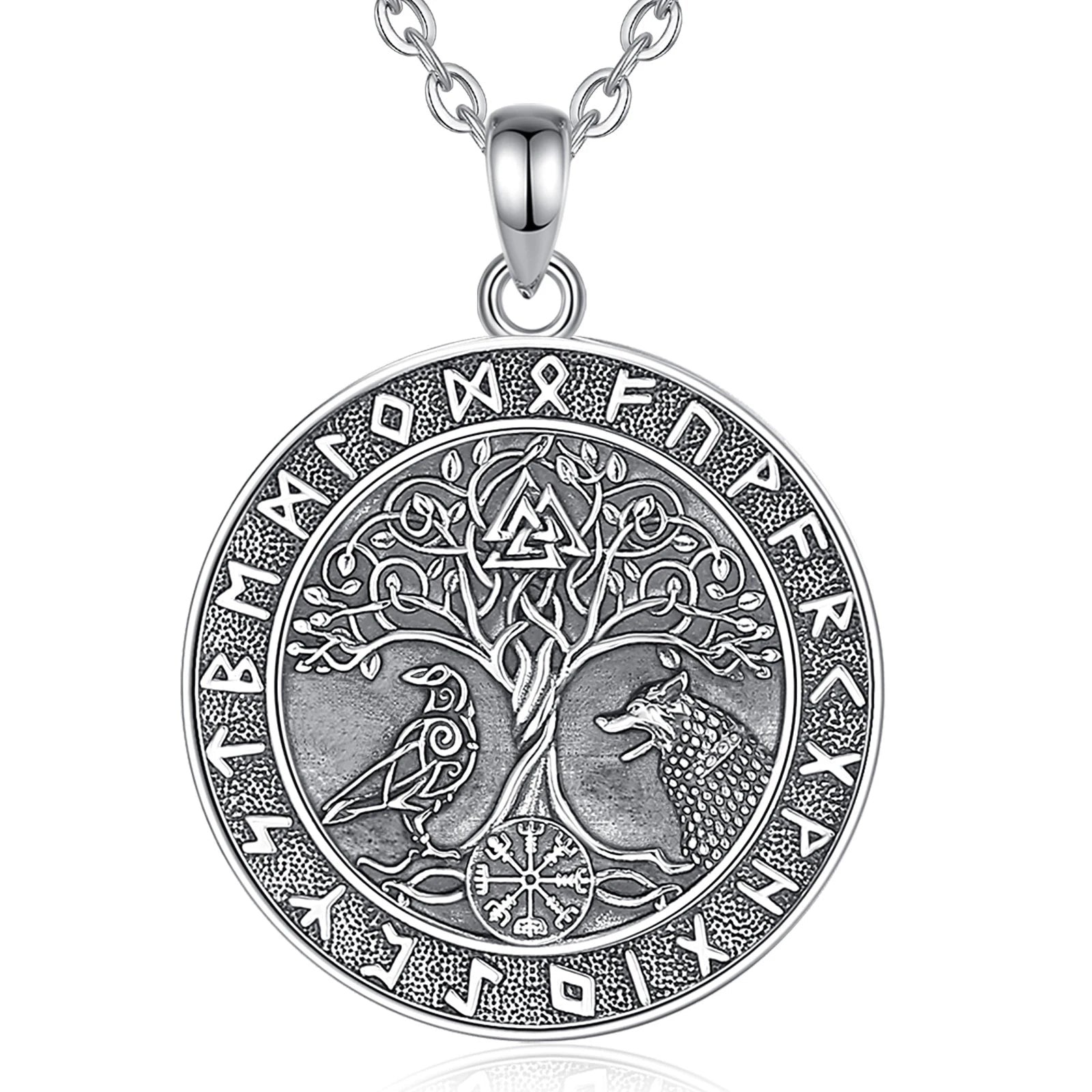 Wolf and Raven over Yggdrasil 925 Sterling Silver Necklace