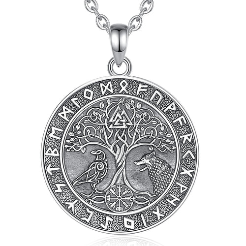 Wolf and Raven over Yggdrasil 925 Sterling Silver Necklace