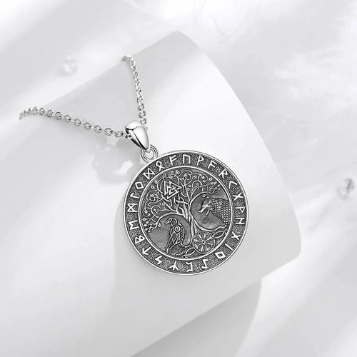 Wolf and Raven over Yggdrasil 925 Sterling Silver Necklace