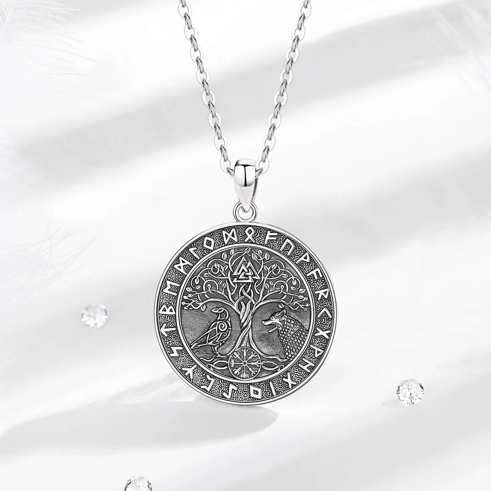 Wolf and Raven over Yggdrasil 925 Sterling Silver Necklace