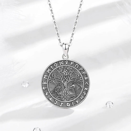 Wolf and Raven over Yggdrasil 925 Sterling Silver Necklace