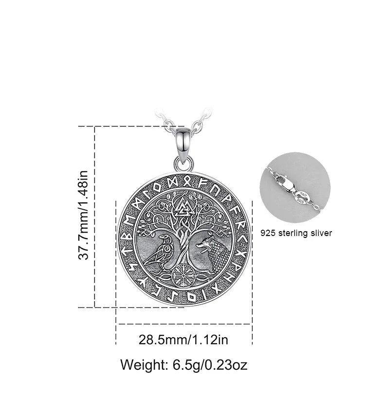 Wolf and Raven over Yggdrasil 925 Sterling Silver Necklace