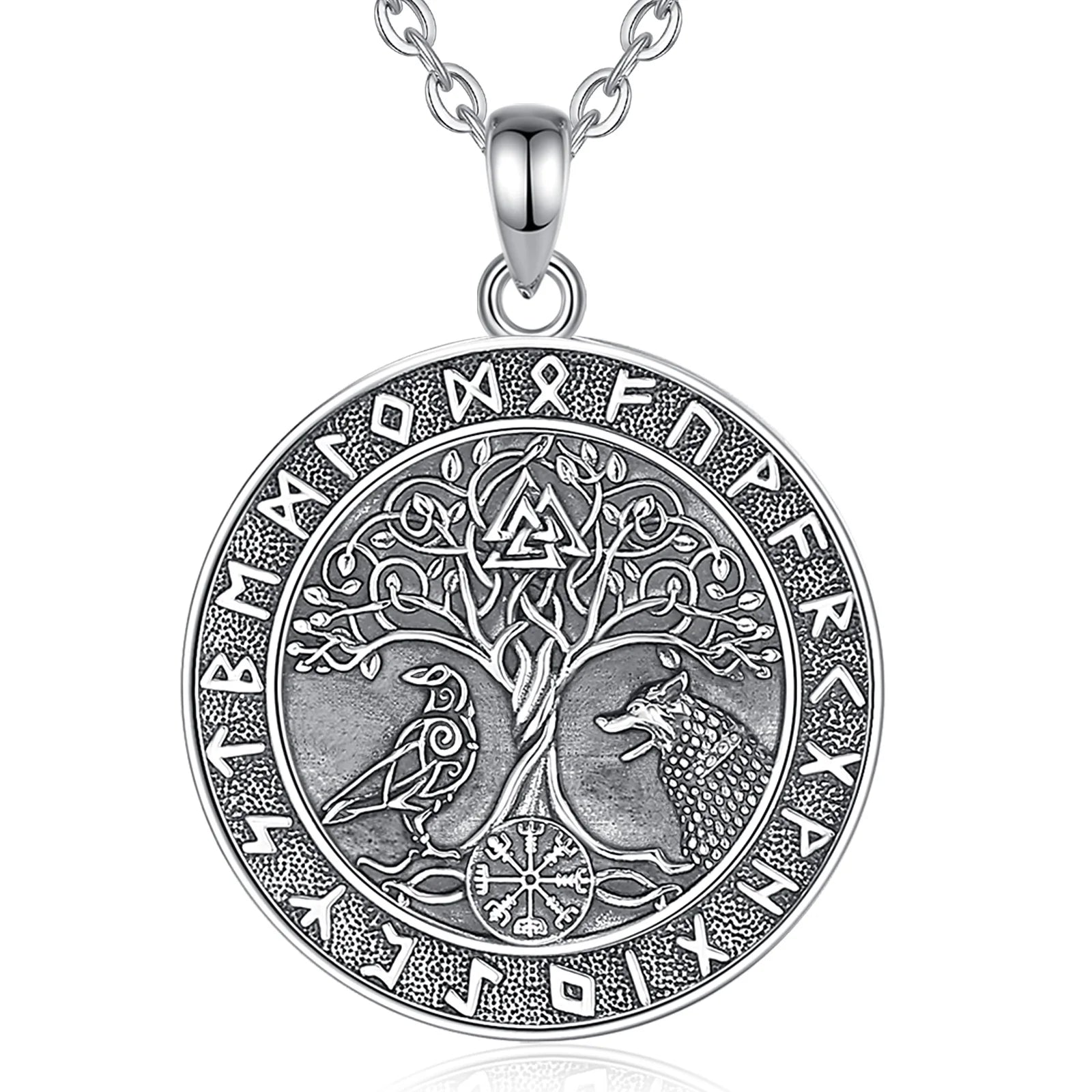 Wolf and Raven over Yggdrasil 925 Sterling Silver Necklace