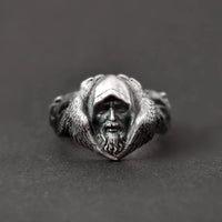 Odin with his Ravens Hugin and Munin and his Wolves Geri and Freki Stainless Steel Ring