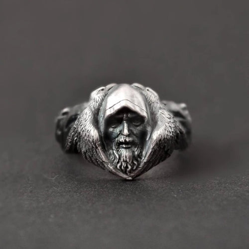 Odin with his Ravens Hugin and Munin and his Wolves Geri and Freki Stainless Steel Ring