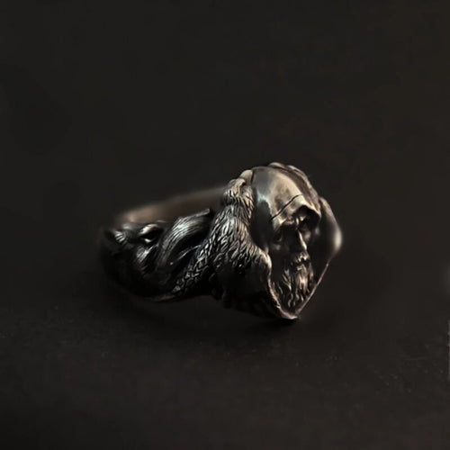 Odin with his Ravens Hugin and Munin and his Wolves Geri and Freki Stainless Steel Ring