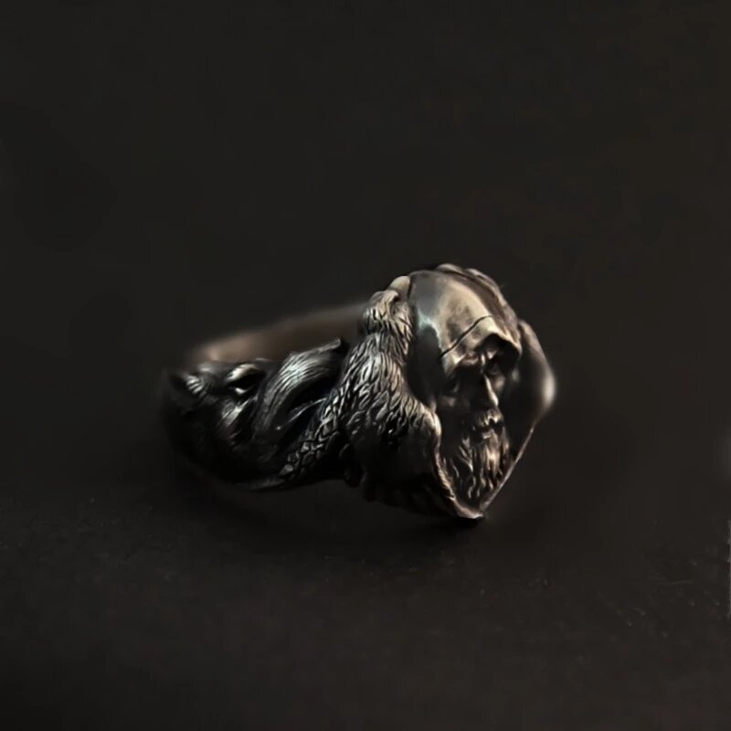 Odin with his Ravens Hugin and Munin and his Wolves Geri and Freki Stainless Steel Ring