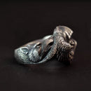 Odin with his Ravens Hugin and Munin and his Wolves Geri and Freki Stainless Steel Ring