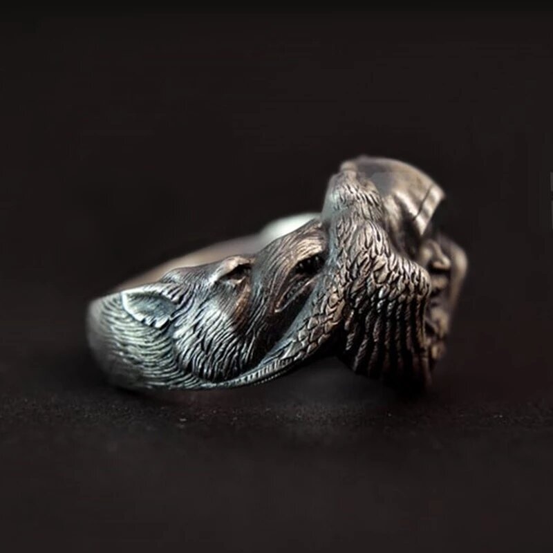 Odin with his Ravens Hugin and Munin and his Wolves Geri and Freki Stainless Steel Ring