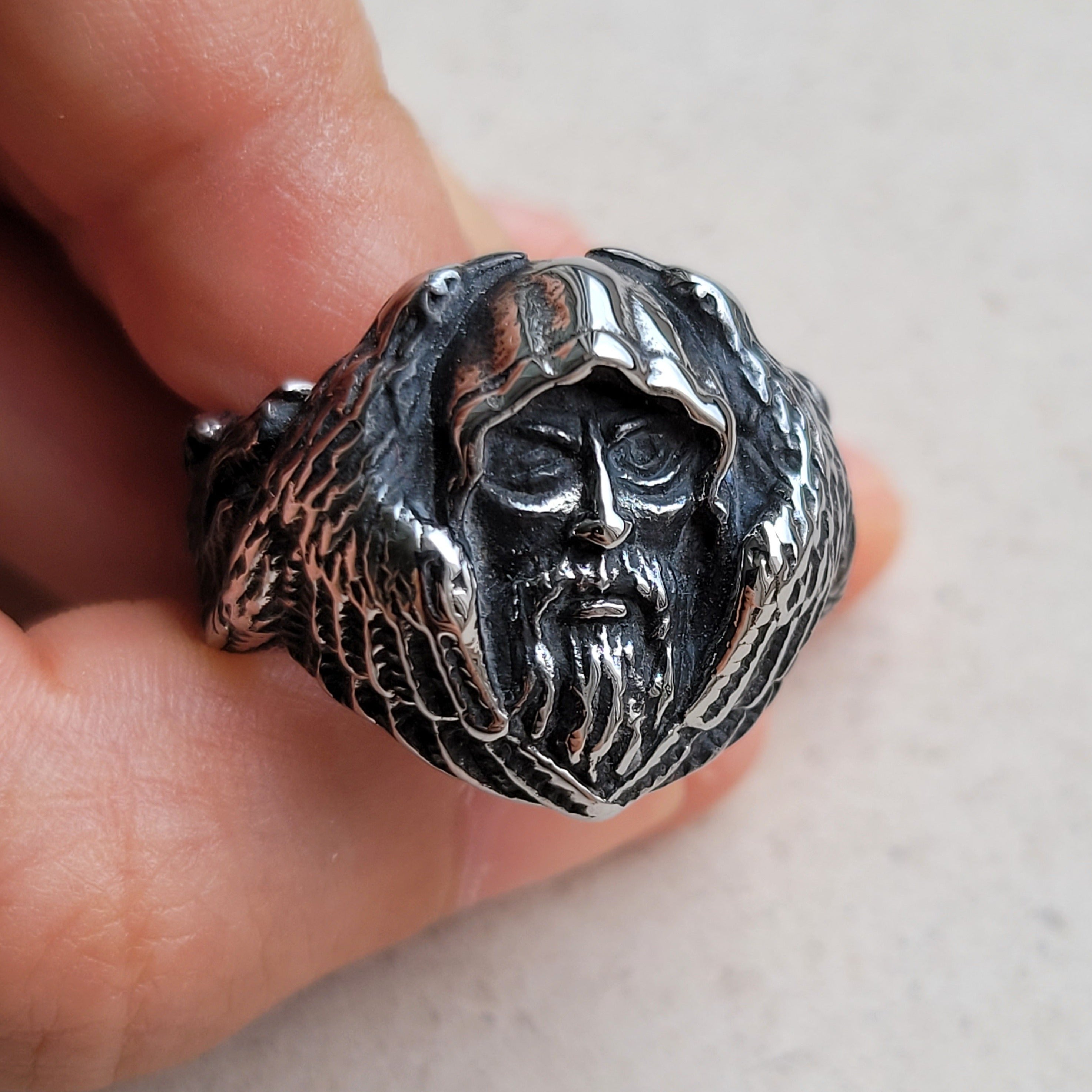 Odin with his Ravens Hugin and Munin and his Wolves Geri and Freki Stainless Steel Ring