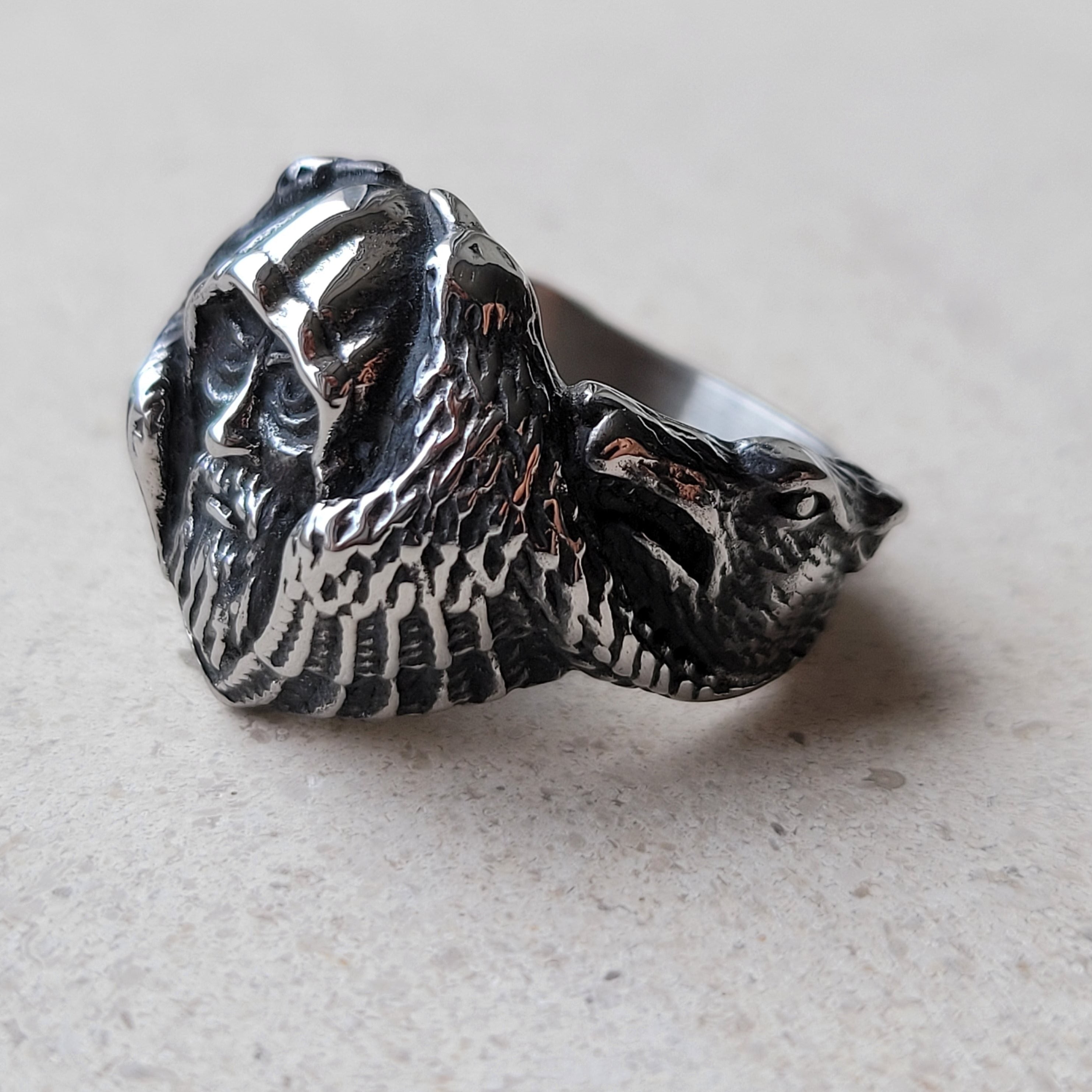 Odin with his Ravens Hugin and Munin and his Wolves Geri and Freki Stainless Steel Ring