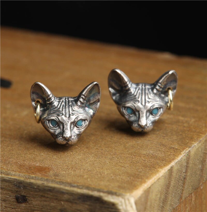 Freyja Sphynx Cat 925 Sterling Silver Stud Earrings