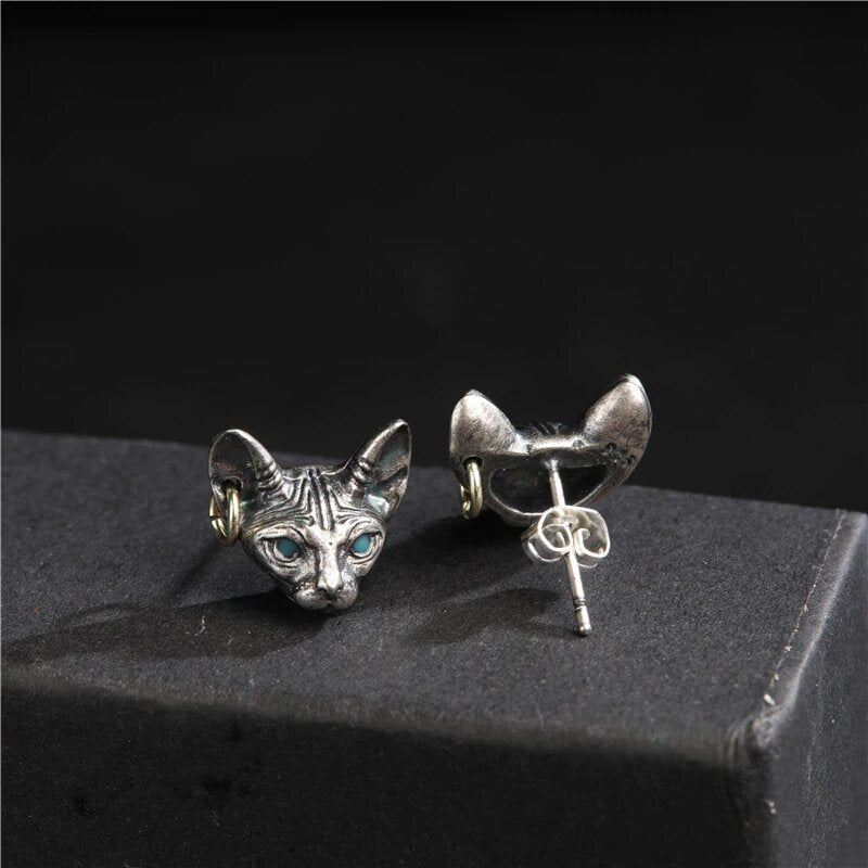 Freyja Sphynx Cat Silver Plated Stud Earrings