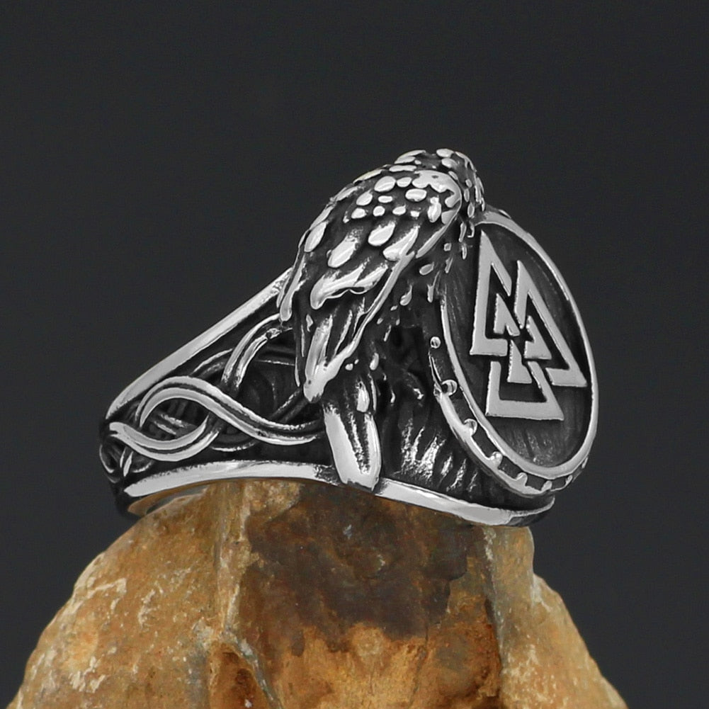 Valknut and Raven Stainless Steel Rune Ring