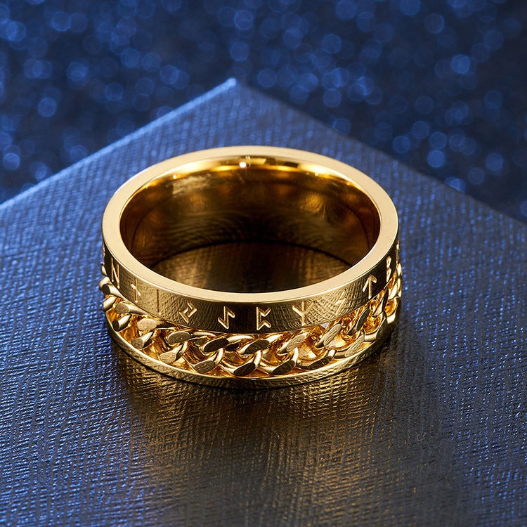 Viking Rune Ring with Rotatable Chain 316L Stainless Steel