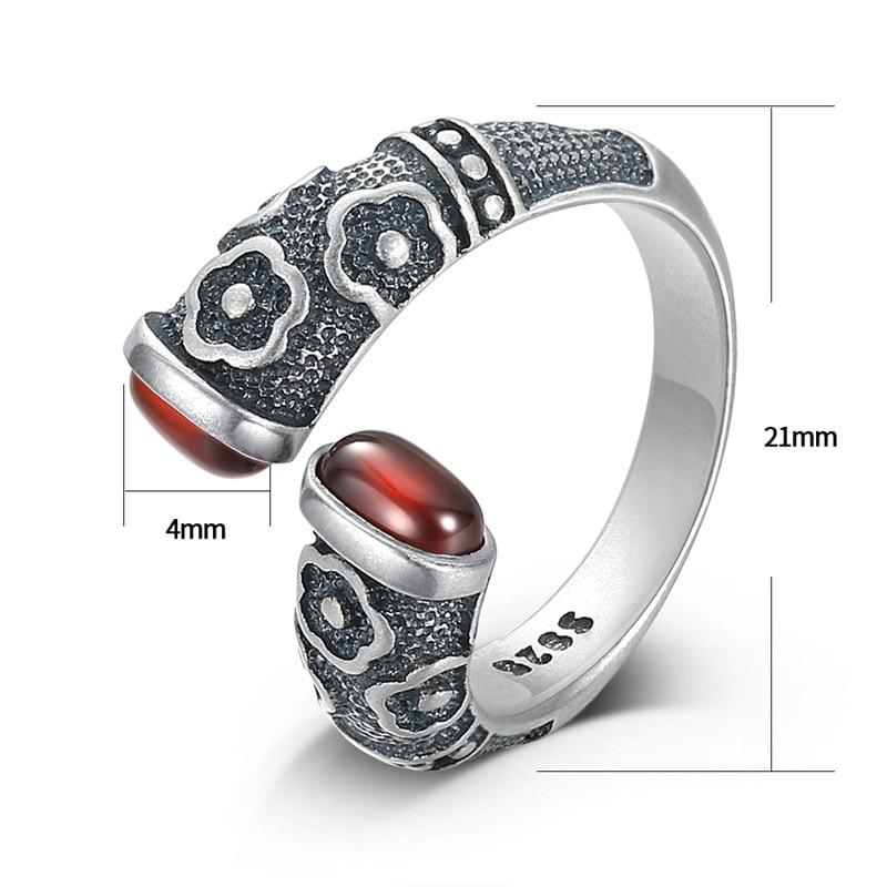 Traditional Norse Open Ring in 925 Sterling Silver Inlaid with Garnet Stones - Adjustable Ring