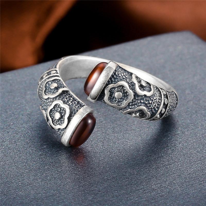 Traditional Norse Open Ring in 925 Sterling Silver Inlaid with Garnet Stones - Adjustable Ring