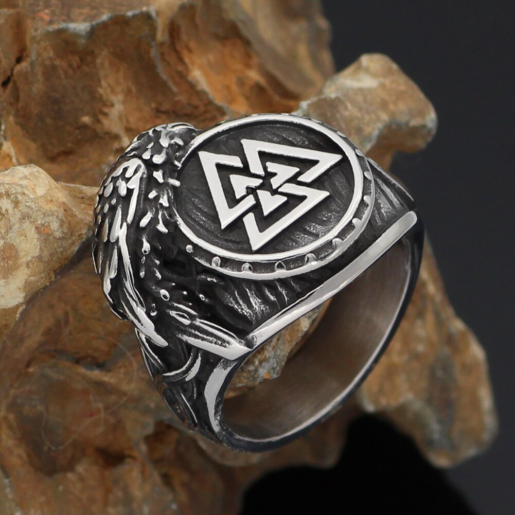 Valknut and Raven Stainless Steel Rune Ring