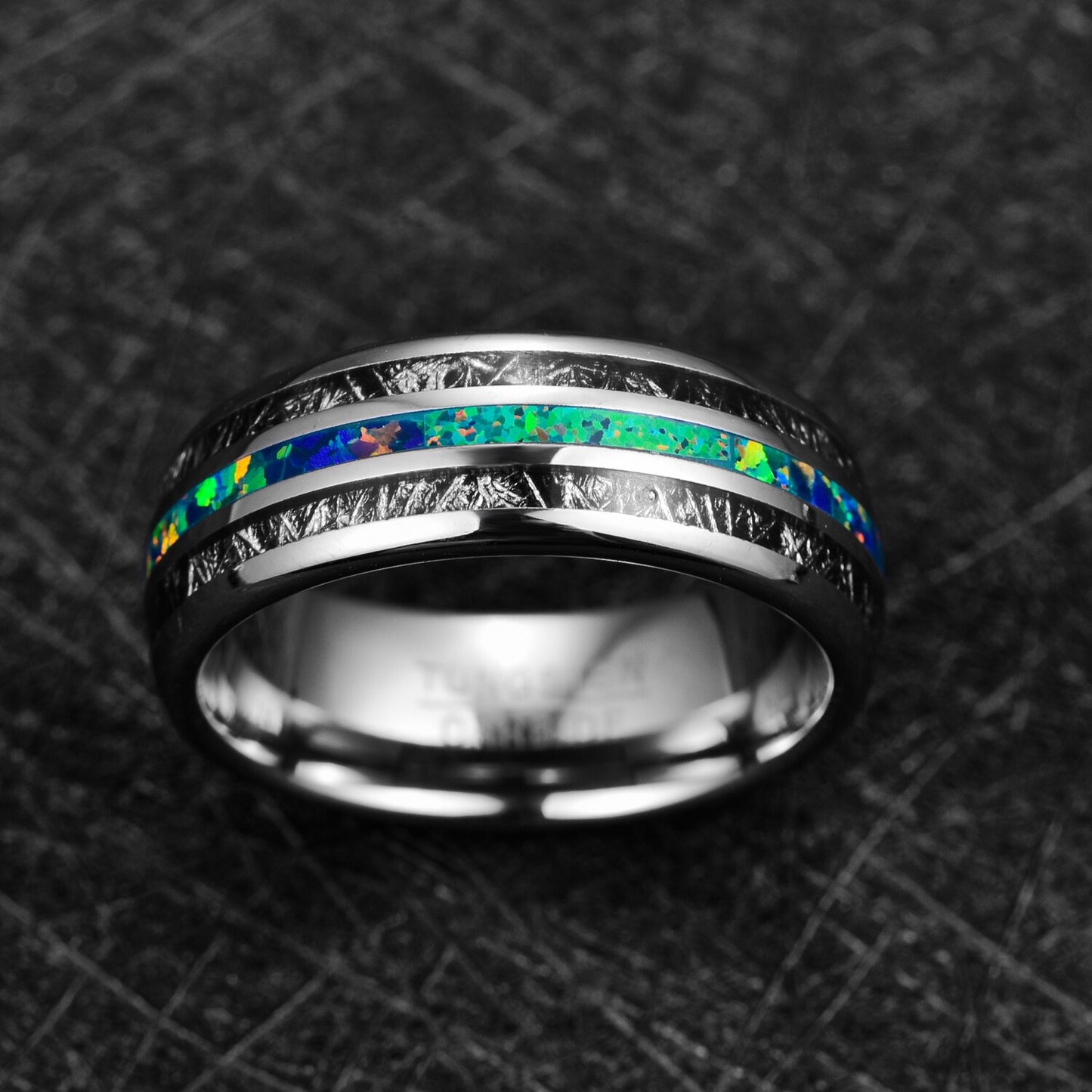 Ginnungagap Fire and Ice 8mm Tungsten Carbide Ring with Black meteorite and Green Opal Stone