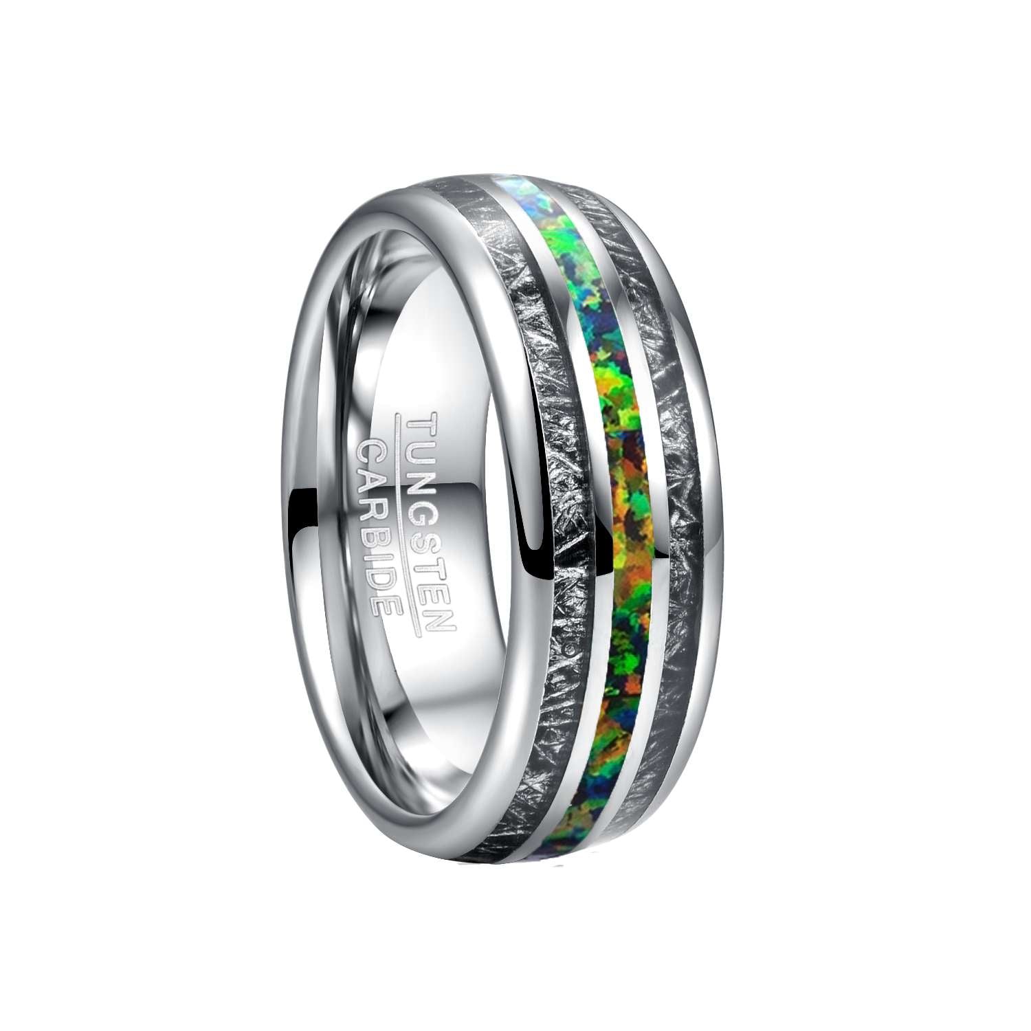 Ginnungagap Fire and Ice 8mm Tungsten Carbide Ring with Black meteorite and Green Opal Stone