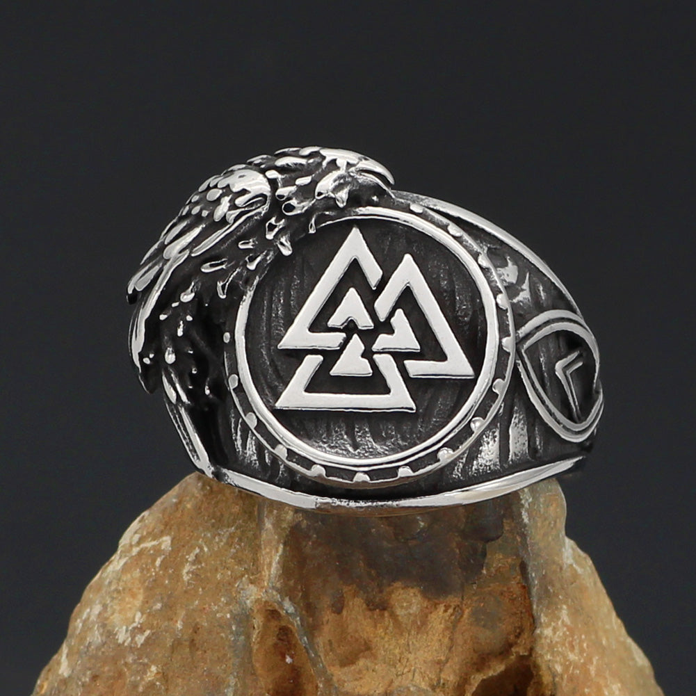 Valknut and Raven Stainless Steel Rune Ring