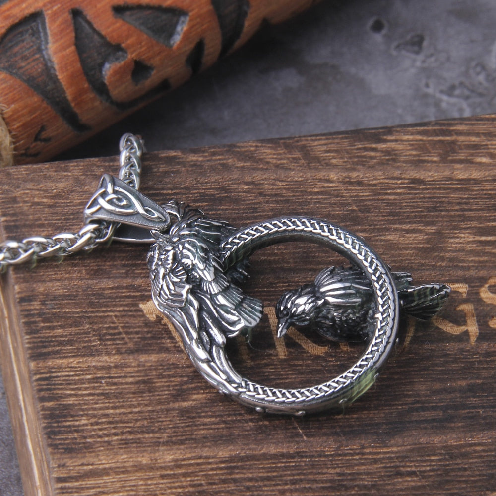 Hugin and Munin in a Circle Stainless Steel Necklace