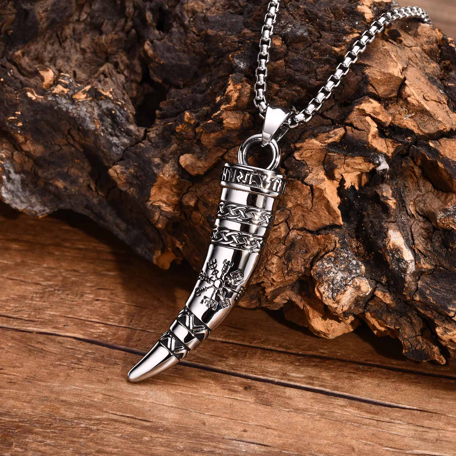 Gjallarhorn the Horn of Heimdall With Vegvisir Rune Stainless Steel Necklace