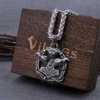 Hugin and Munin Bring Thor Hammer Mjolnir Stainless Steel Necklace