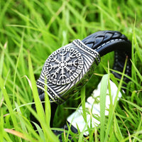 Viking Staves Valknut, Vegvisir and Aegishjalmur Leather and Steel Bracelet