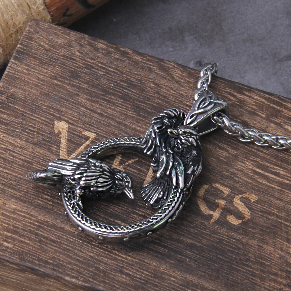 Hugin and Munin in a Circle Stainless Steel Necklace