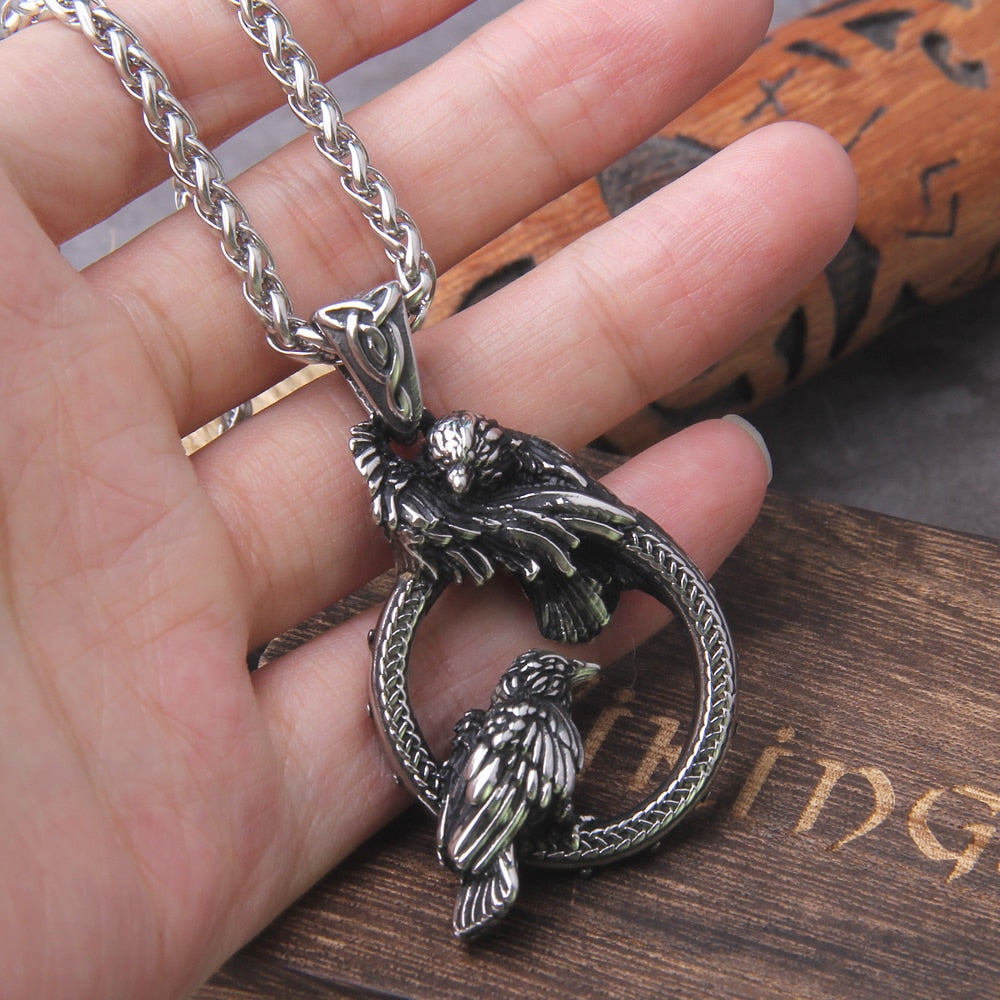 Hugin and Munin in a Circle Stainless Steel Necklace