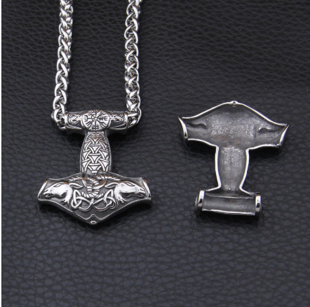 Mjolnir and Thor's goats - 925 Sterling Silver Pendant with leather necklace