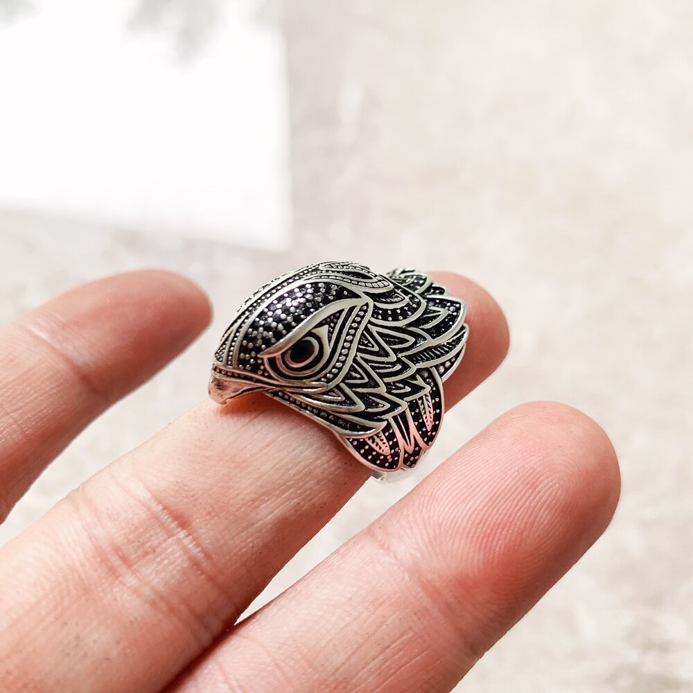 Falcon of Freyja 925 Sterling Silver Ring with Black Zircon Stones