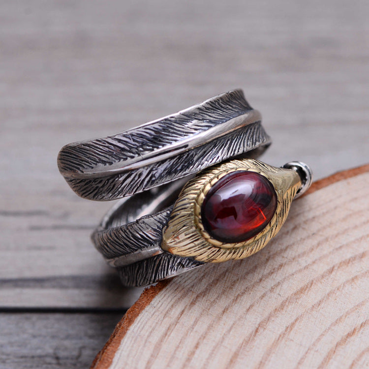 Hugin and Munin Silver Feathers 925 Sterling Silver Adjustable Ring with Natural Garnet Stone