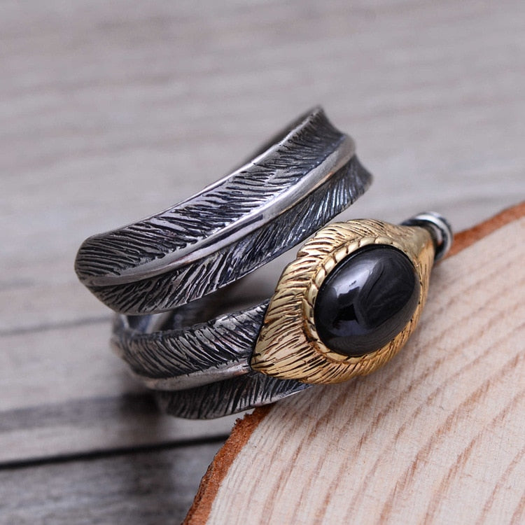 Hugin and Munin Silver Feathers 925 Sterling Silver Adjustable Ring with Natural Garnet Stone