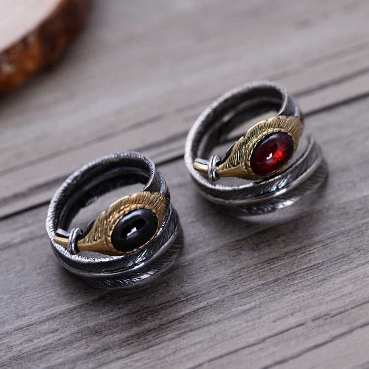 Hugin and Munin Silver Feathers 925 Sterling Silver Adjustable Ring with Natural Garnet Stone