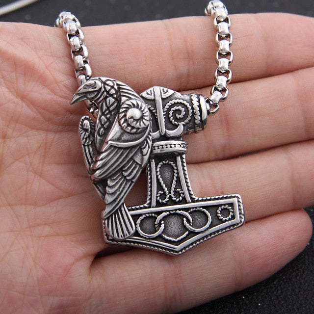 Thor's Hammer Mjolnir with Odin Raven Stainless Steel Necklace