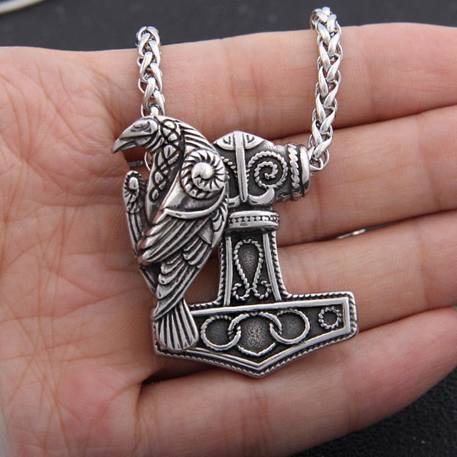 Thor's Hammer Mjolnir with Odin Raven Stainless Steel Necklace