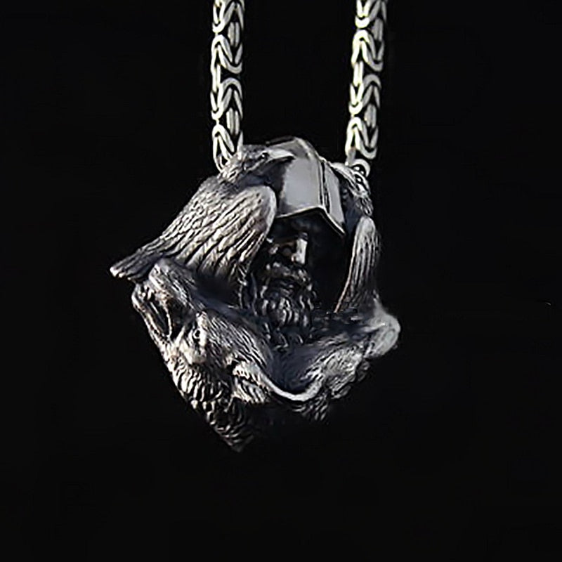 Odin with his Ravens  and his Wolves Stainless Steel Pendant