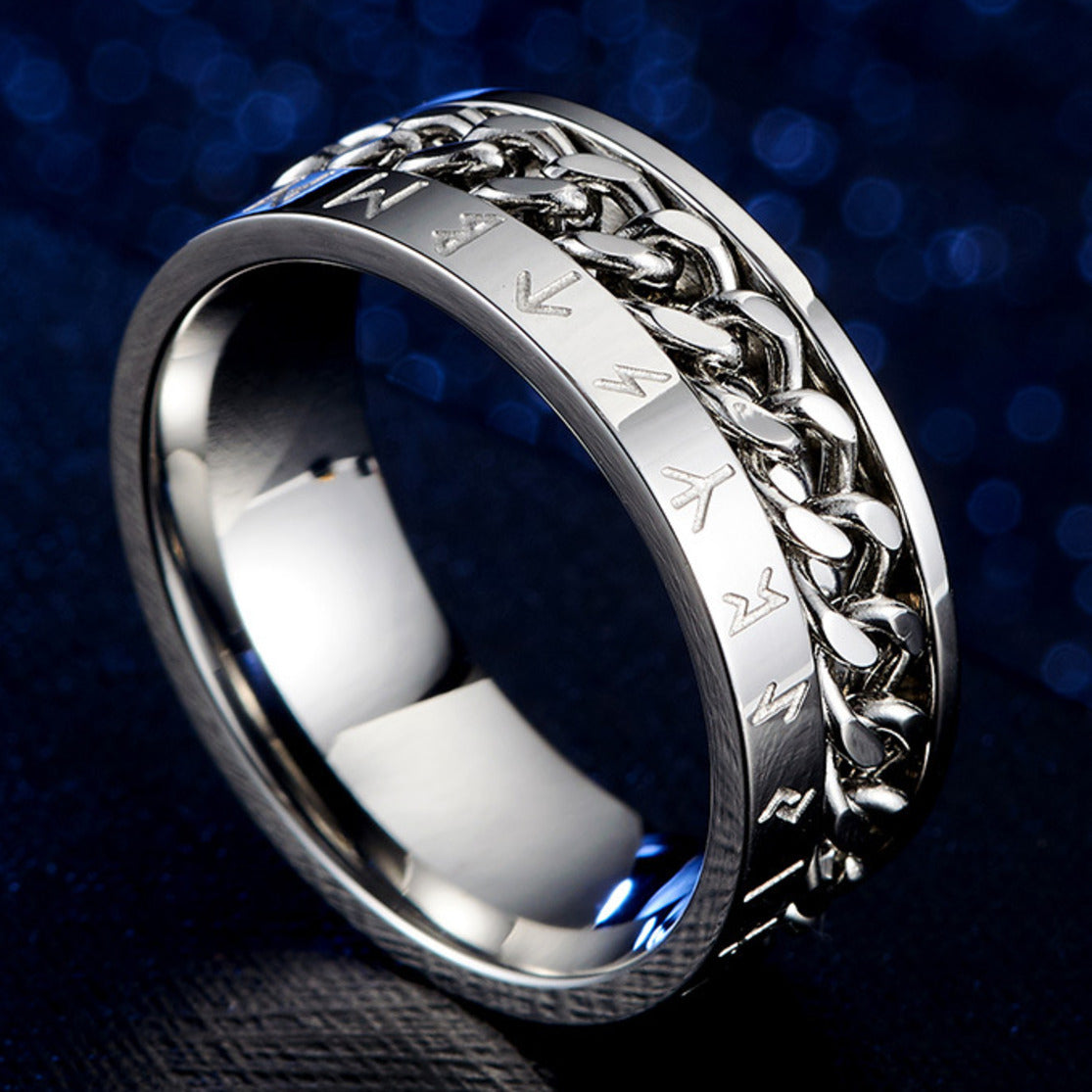 Viking Rune Ring with Rotatable Chain 316L Stainless Steel