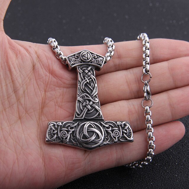 Mjolnir Necklace with Triskele Bass Relief Stainless Steel Necklace